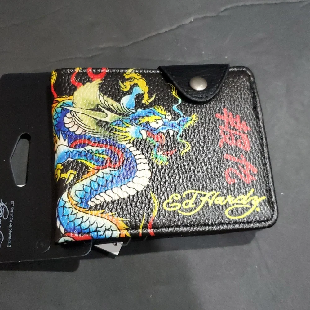 Ed Hardy men's black bifold‎ wallet with blue iconic Ed hardy dragon tatoo new